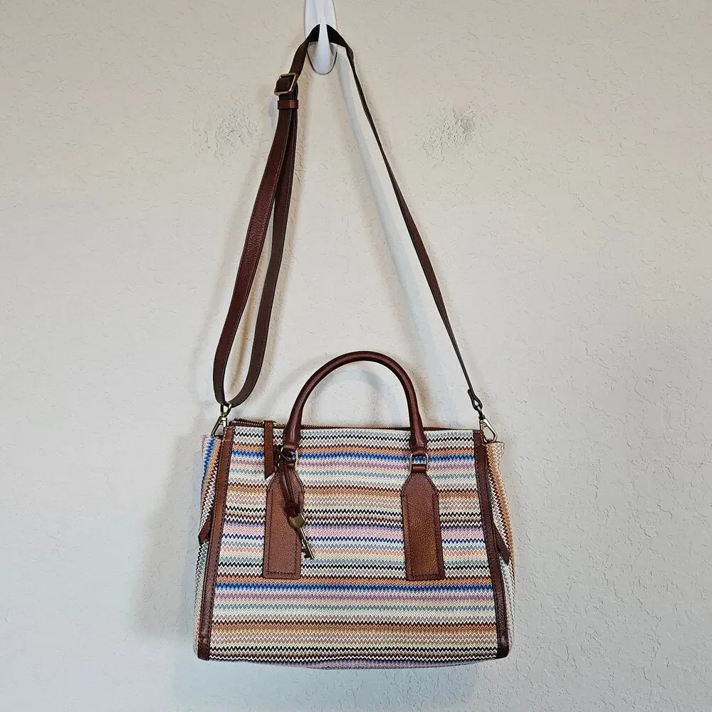 Fossil Parker Leather Satchel Purse Handbag Zig Zag Colorful Stripes‎ Boho